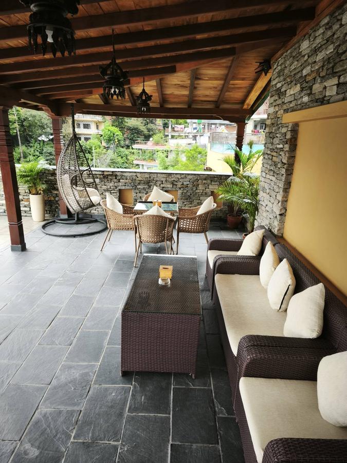 A covered patio seating area