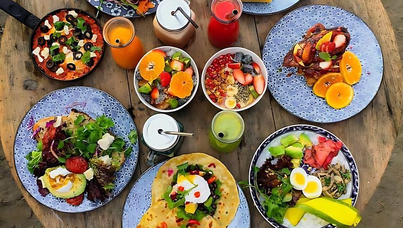 A table of colorful brunch dishes