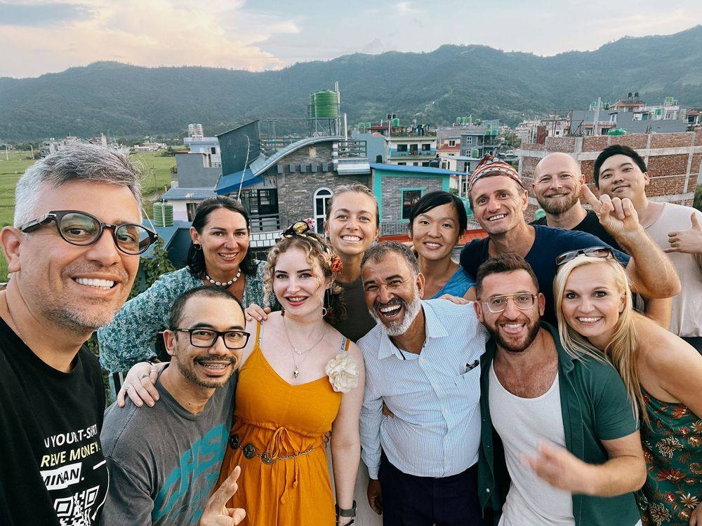 Basecamp guests together on a Pokhara rooftop